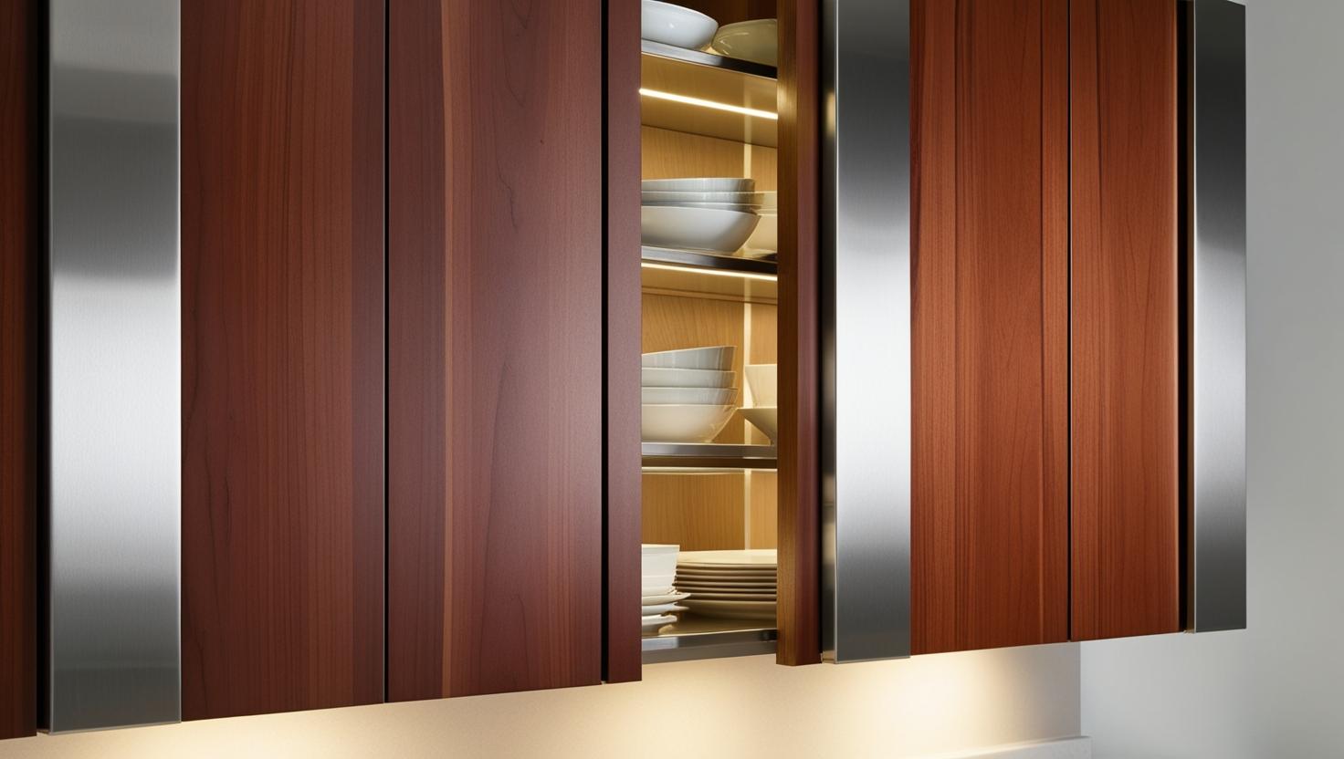 Tủ bát đĩa gỗ có điểm nhấn inox